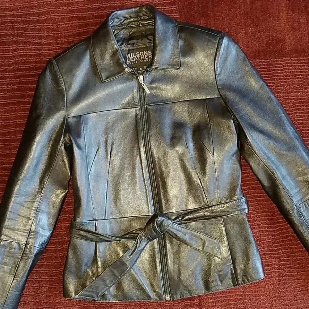 Vintage 90s Wilsons Pelle Studio Goth black belted leather jacket Size Small